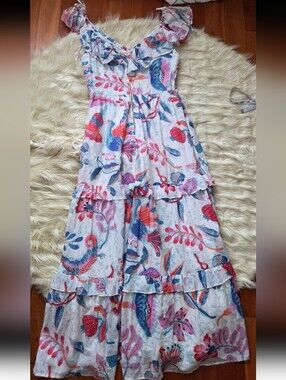 Banjanan White Floral & Blue-Pink Ruffle Tiered Maxi Dress